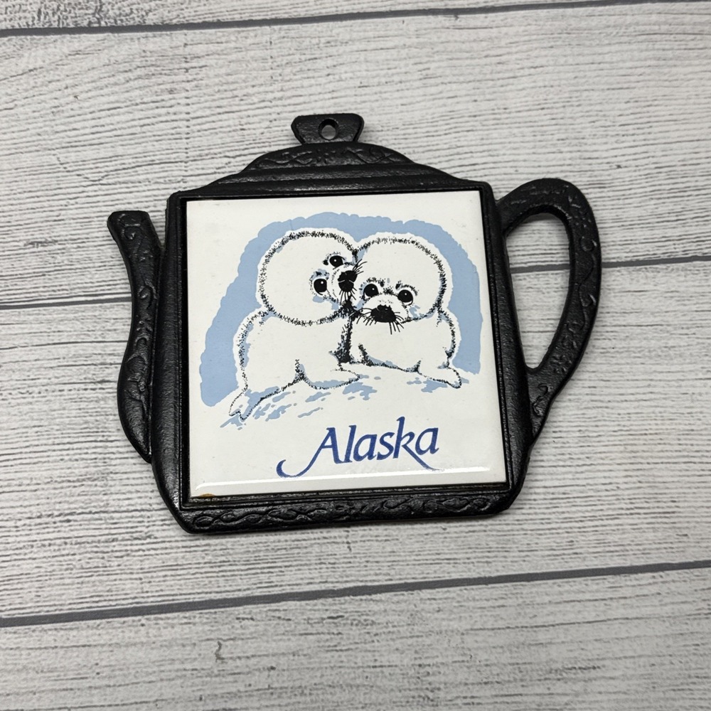 Vintage Alaska Trivet Ceramic Tile Cast Iron Teapot Frame White Baby Seal